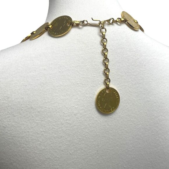 Vintage Queen Elizabeth II One Pense Coin Belt. Chain Coins belt Gold tone UK main image 11